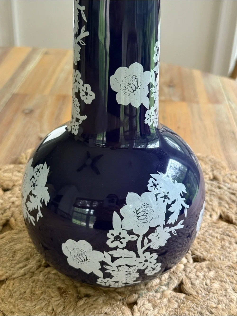 Avon Navy Blue Ceramic Vase with White Floral Design 8 1/2”